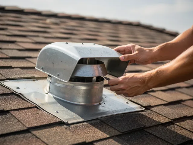 Brecksville Dryer Vent Cleaning certified technician safely cleaning a roof-mounted dryer vent in Brecksville