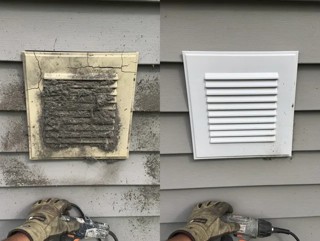 Brecksville Dryer Vent Cleaning technician installing high-quality dryer vent cover at a residential property in Brecksville