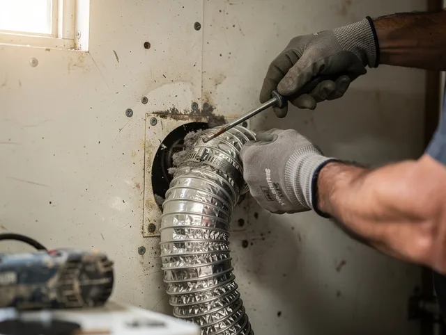 Brecksville Dryer Vent Cleaning technician performing precise dryer vent hose installation in Brecksville